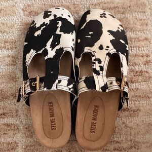 Steve Madden Cow Print Mules in Black and Cream